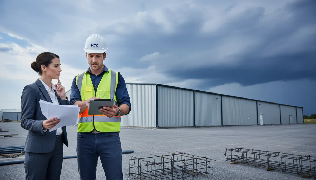 Construction project manager reviewing fall storm preparedness plan with business owner