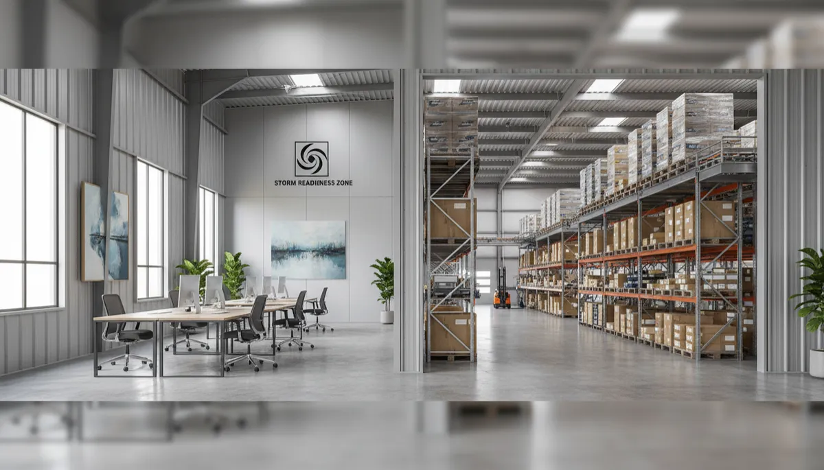 Organized commercial interior prepared for potential storm impacts