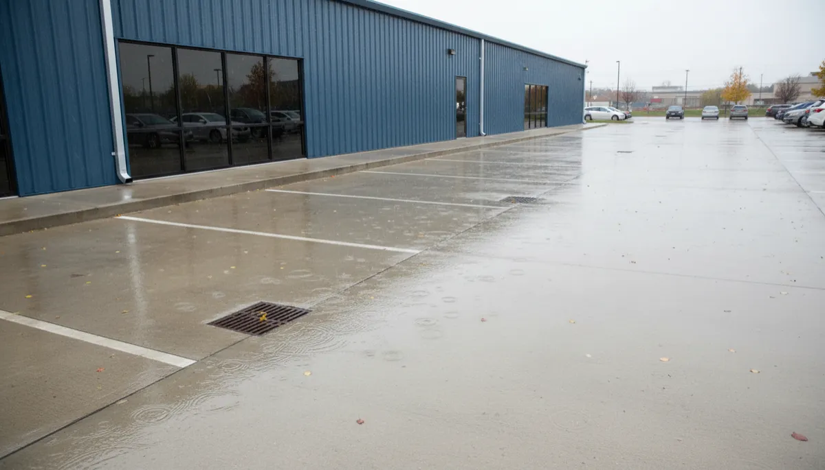 Commercial parking lot drainage and gutters functioning during fall rain