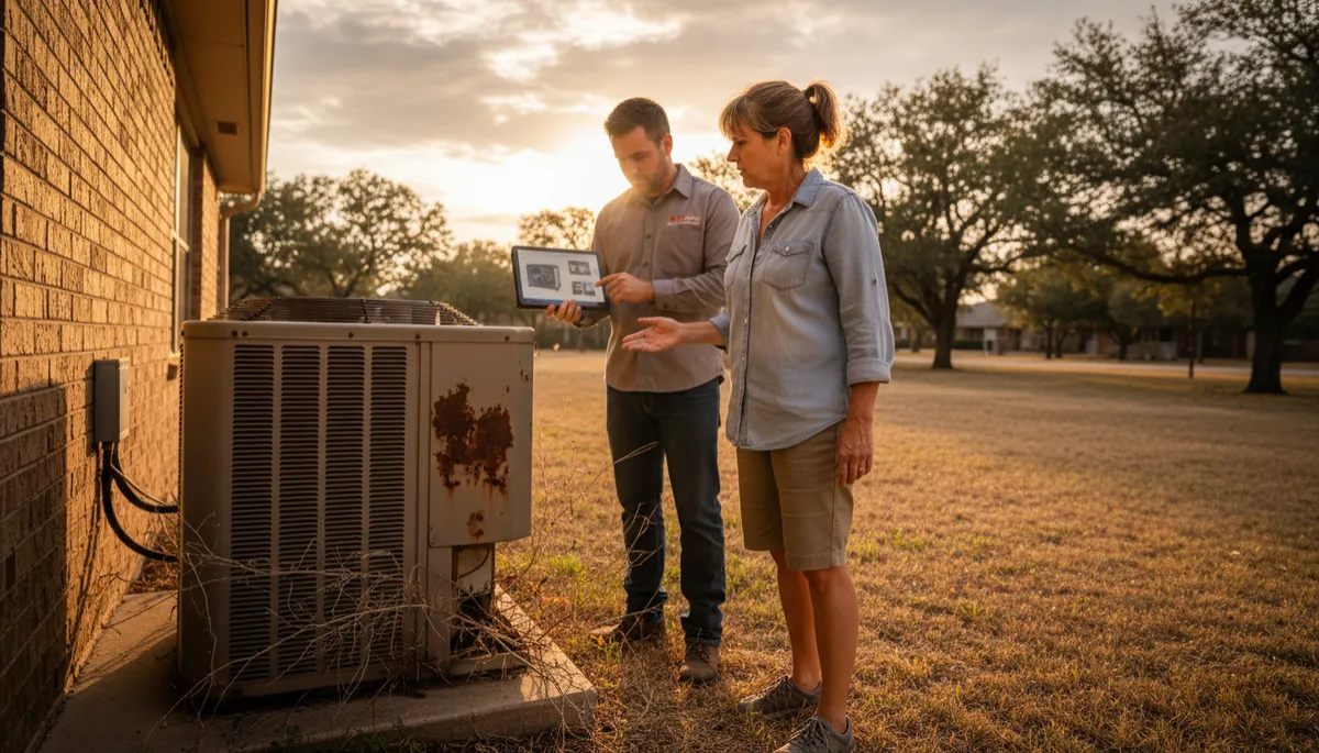 Homeowner reviewing options after discovering an aging HVAC unit needs replacement