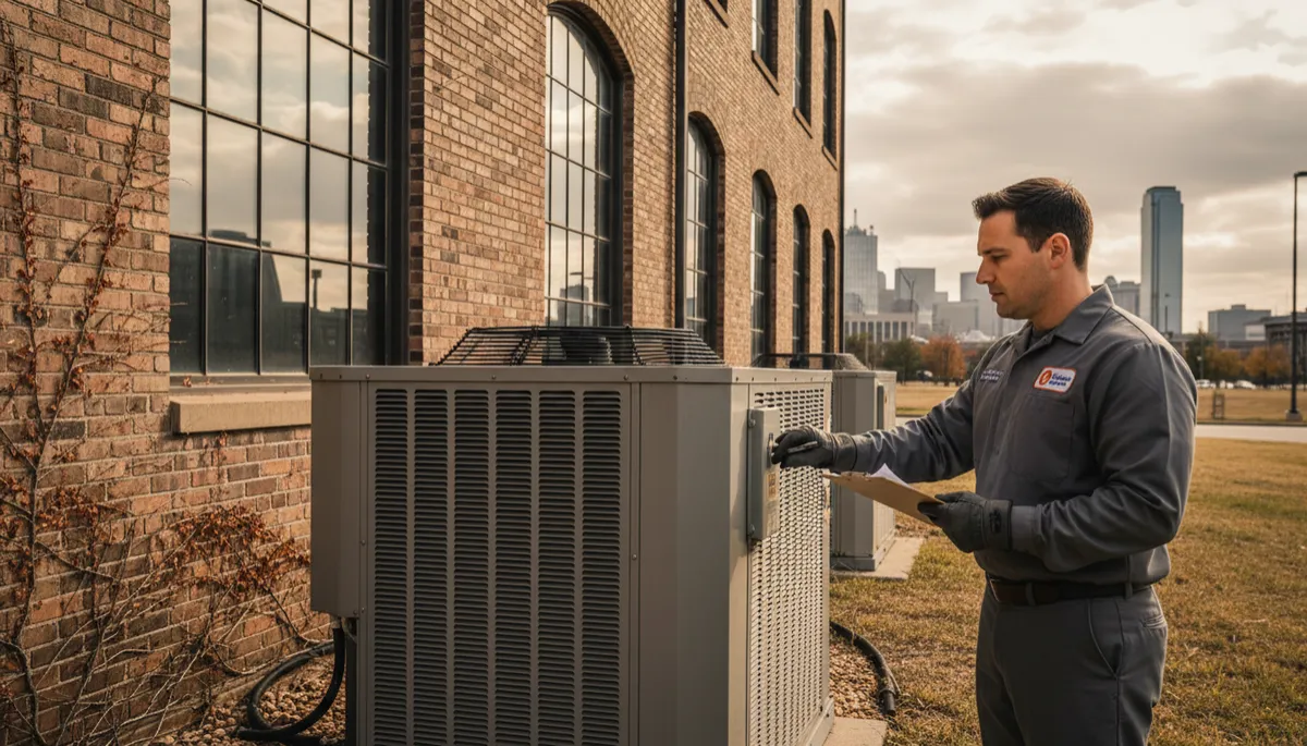 Technician inspecting a commercial HVAC unit in Dallas during fall maintenance