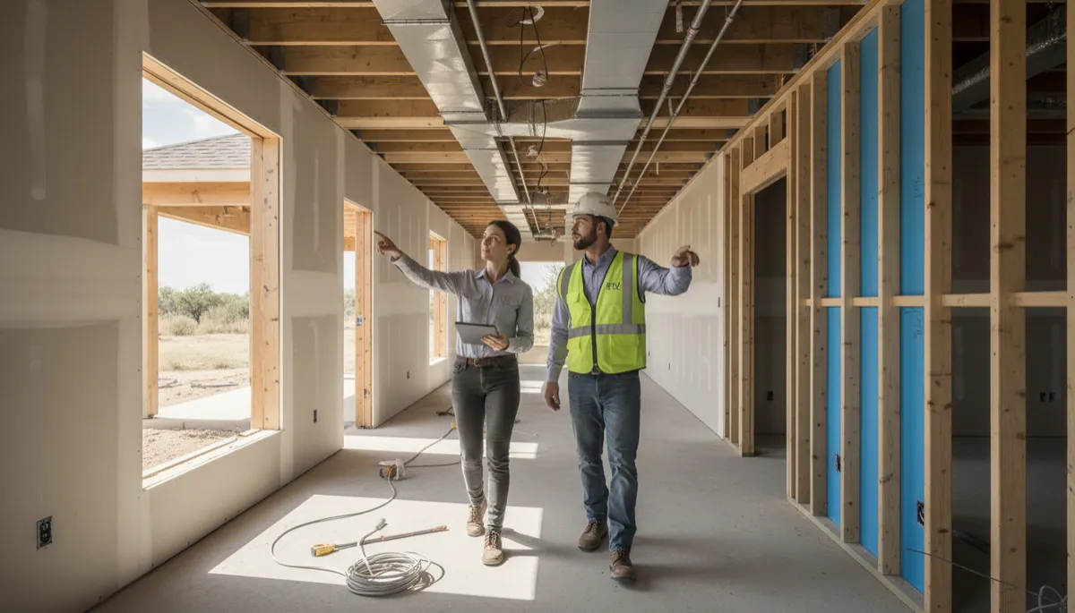 Construction and HVAC specialists coordinating system design during a Texas home remodel