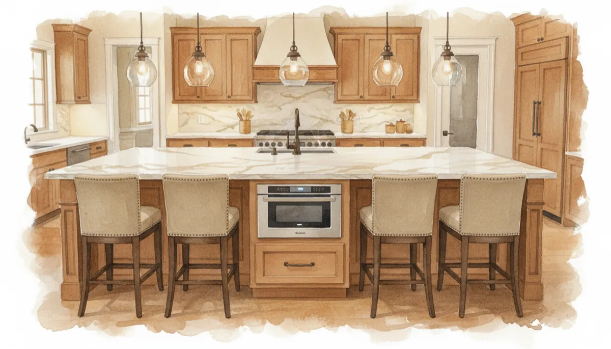 Large Texas kitchen island with seating and integrated storage features
