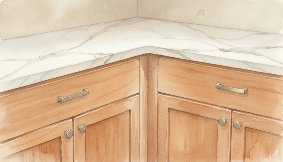 Warm wood kitchen cabinets with brushed hardware and veined quartz counters