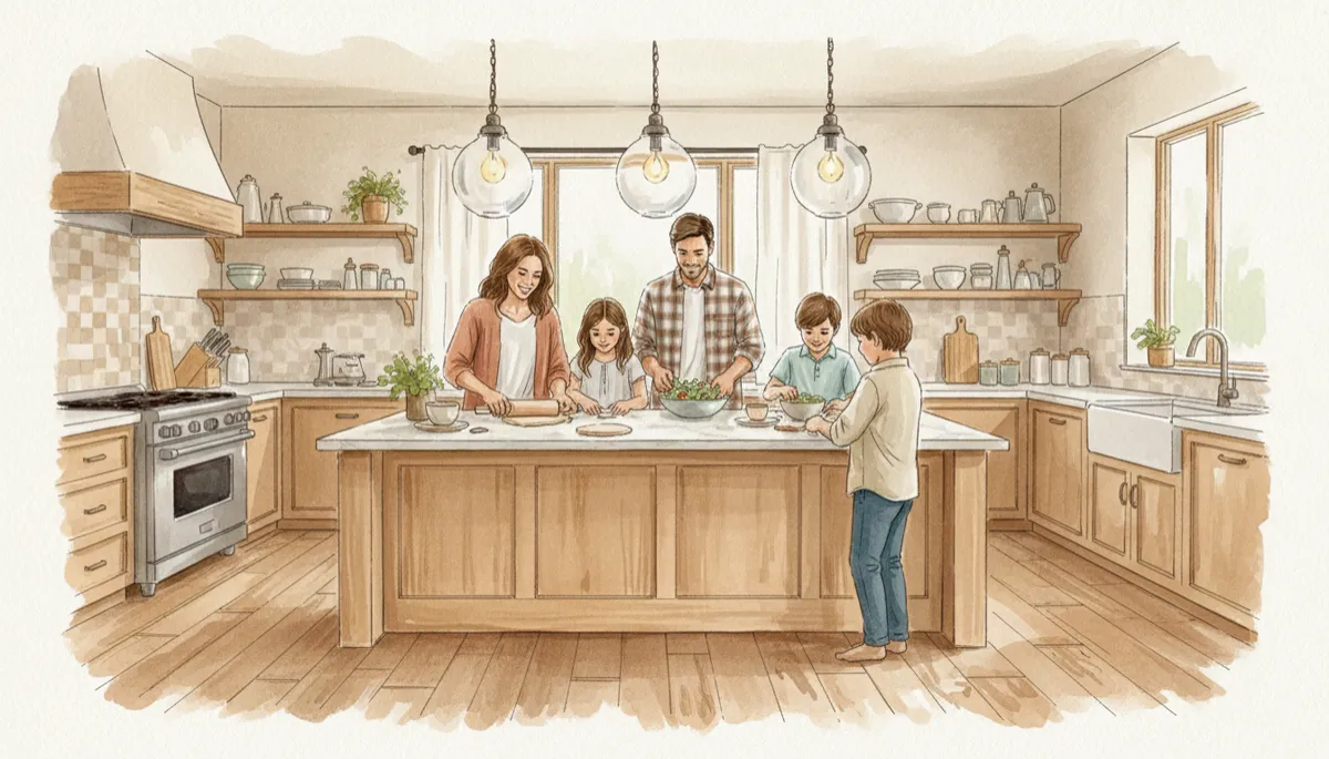 Family cooking together in a warm neutral Texas kitchen with large island
