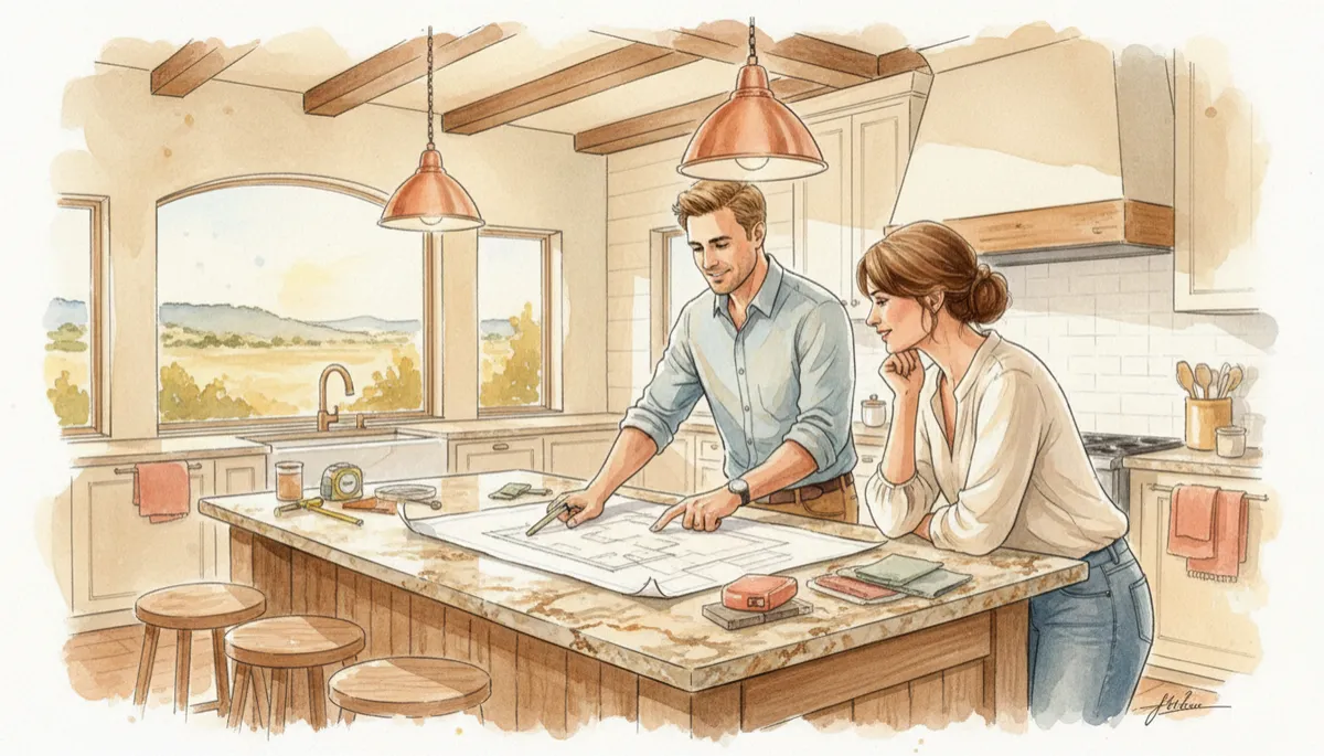 Contractor and homeowner reviewing Texas kitchen remodel plans
