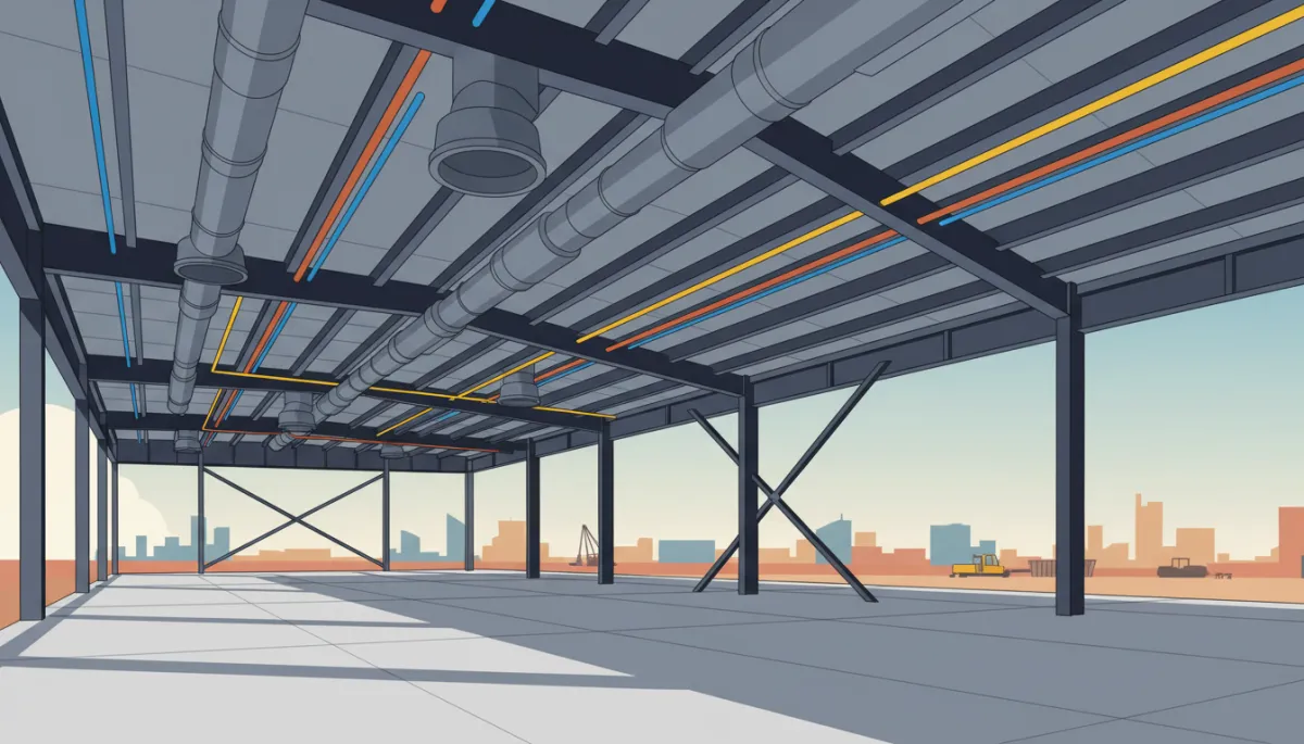 Interior of modern commercial metal building under construction with steel framing and utilities