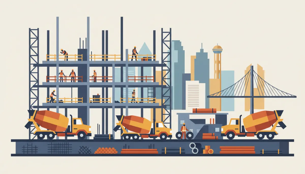 Active North Texas construction site with steel framing and city skyline in background