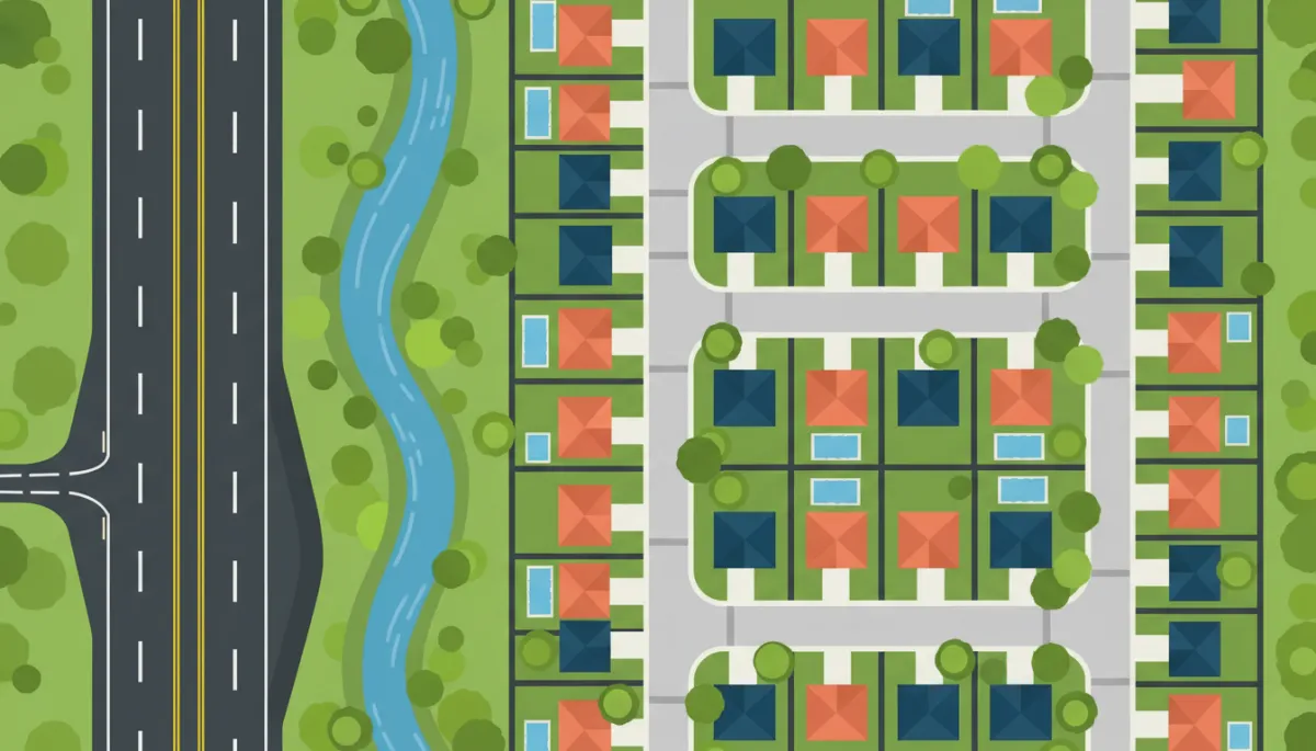 Residential neighborhood in North Texas next to major roadway and drainage channel