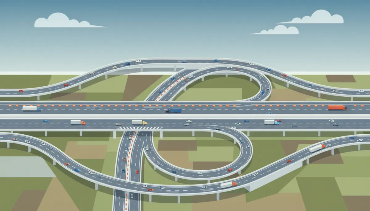 Busy North Texas highway interchange with active construction and traffic