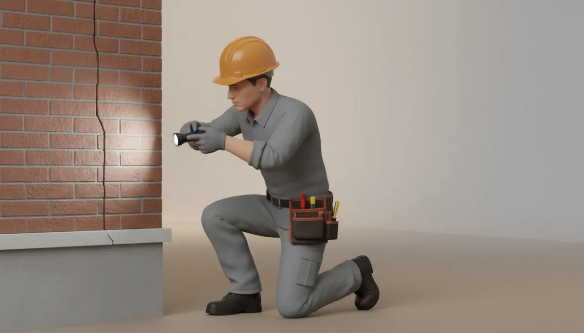 Contractor inspecting brick mortar crack near a home foundation in North Texas Contractor inspecting brick mortar crack near a home foundation in North Texas