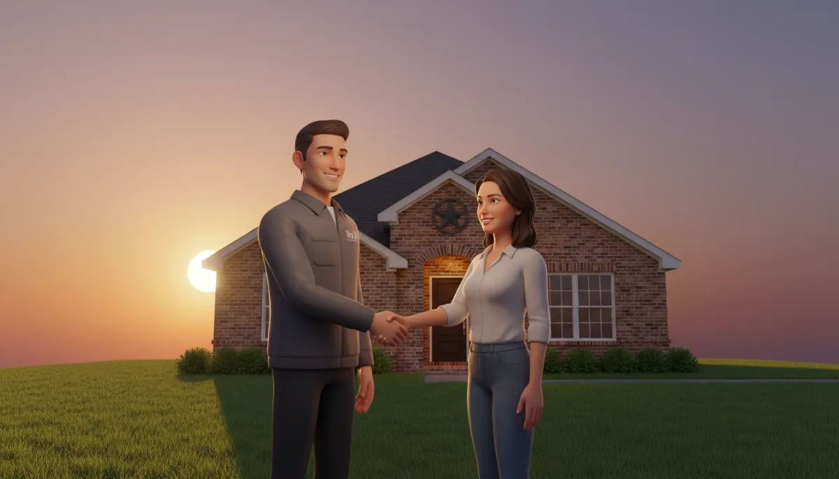 professional neutral-toned photo of an RYZ-branded contractor shaking hands with a Texas homeowner in front of a well-maintained brick house at sunset professional neutral-toned photo of an RYZ-branded contractor shaking hands with a Texas homeowner in front of a well-maintained brick house at sunset