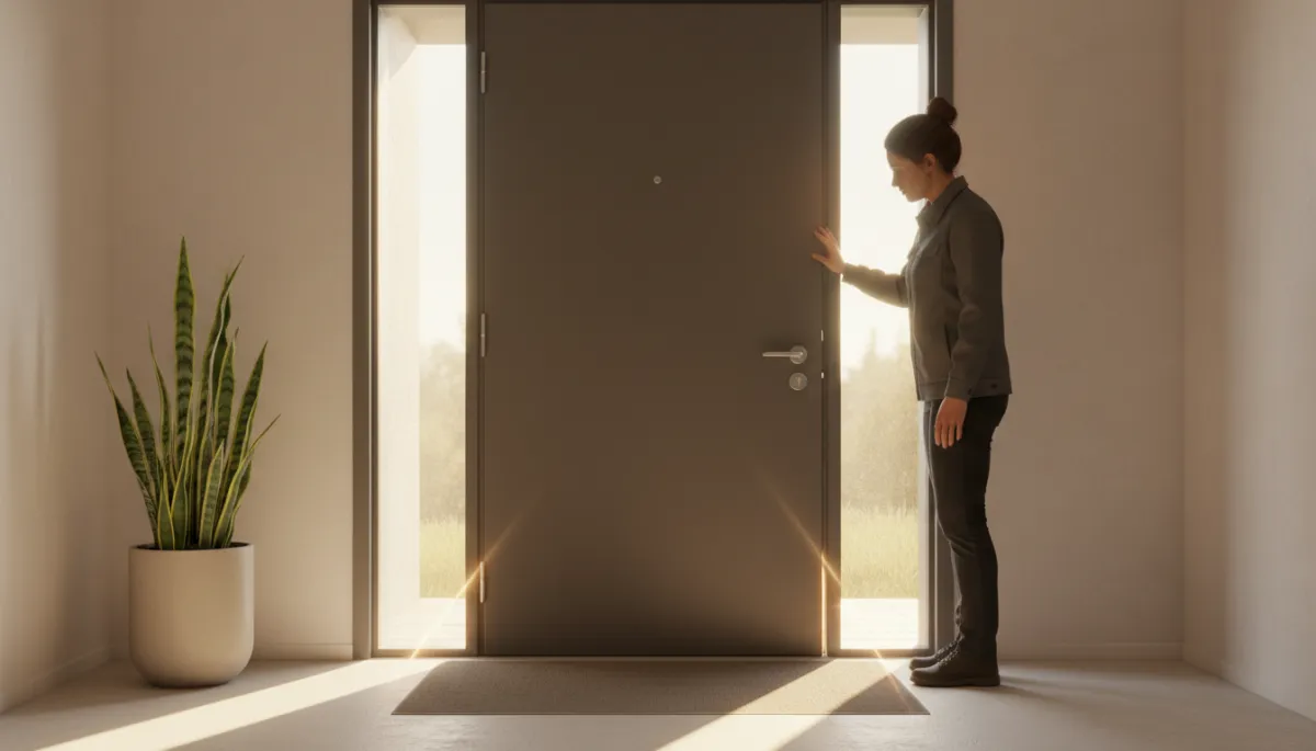 Homeowner inspecting weatherstripping and light gaps around an exterior door Homeowner inspecting weatherstripping and light gaps around an exterior door