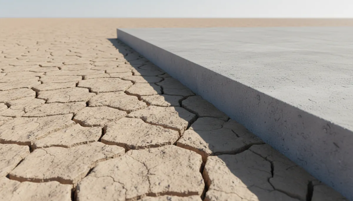 Dry cracked Texas clay soil pulling away from a concrete slab foundation Dry cracked Texas clay soil pulling away from a concrete slab foundation