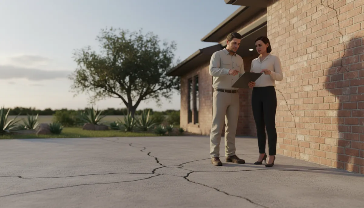 Contractor and homeowner reviewing visible cracks and planning repairs Contractor and homeowner reviewing visible cracks and planning repairs
