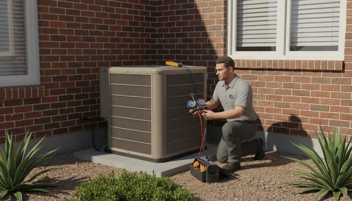 HVAC technician inspecting an outdoor AC unit at a Texas home HVAC technician inspecting an outdoor AC unit at a Texas home