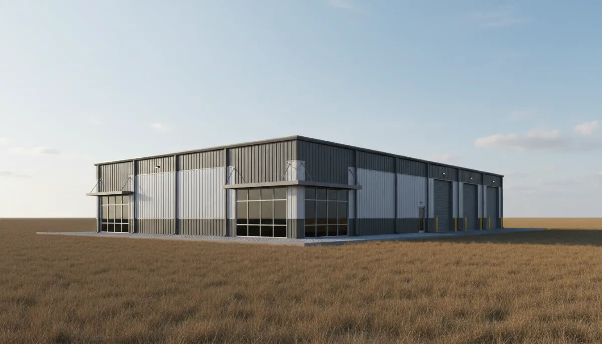 Commercial metal building in Texas bordered by dry grass increasing fire risk Commercial metal building in Texas bordered by dry grass increasing fire risk