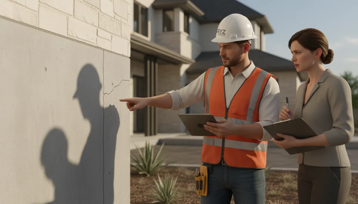 Construction professional reviewing exterior foundation cracks with a Dallas homeowner Construction professional reviewing exterior foundation cracks with a Dallas homeowner