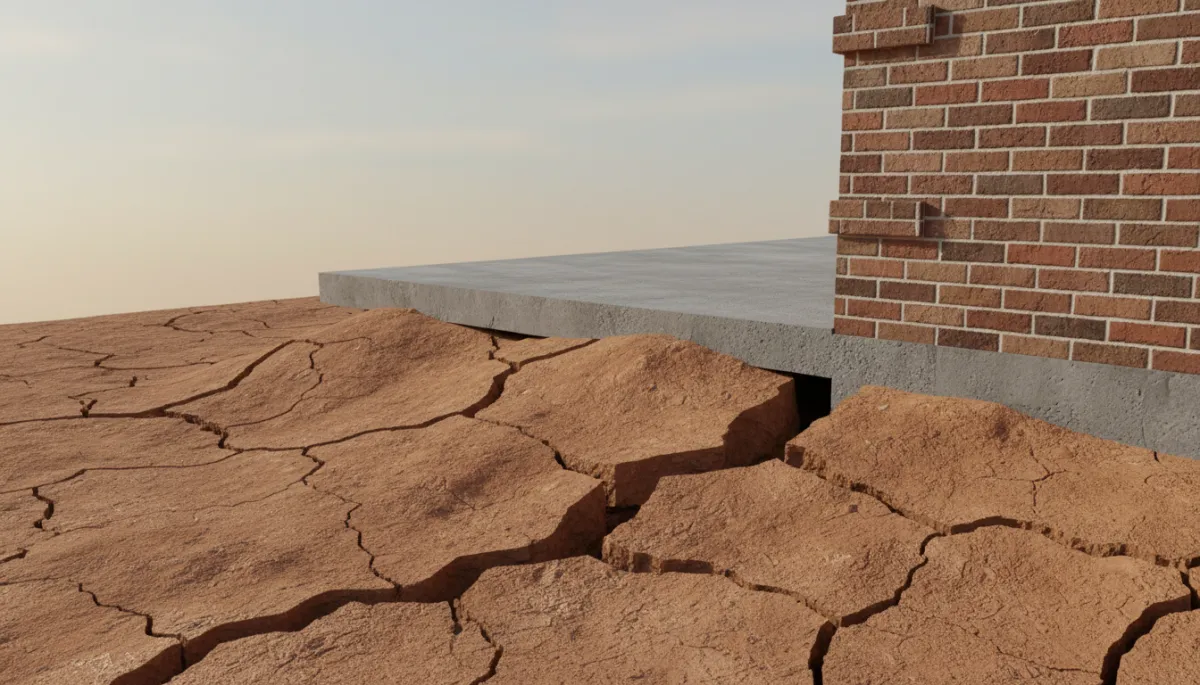 Cracked clay soil separating from a residential concrete slab foundation in North Texas Cracked clay soil separating from a residential concrete slab foundation in North Texas