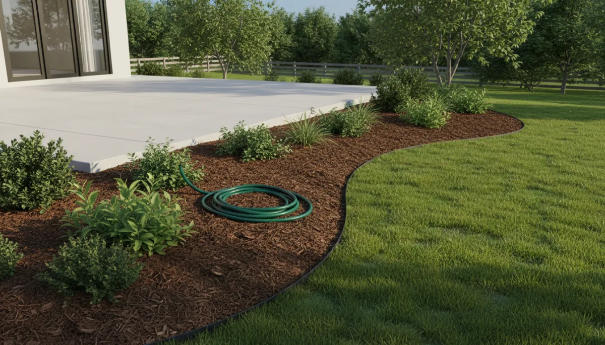 Well-maintained yard with mulched beds and soaker hose protecting a Texas foundation Well-maintained yard with mulched beds and soaker hose protecting a Texas foundation