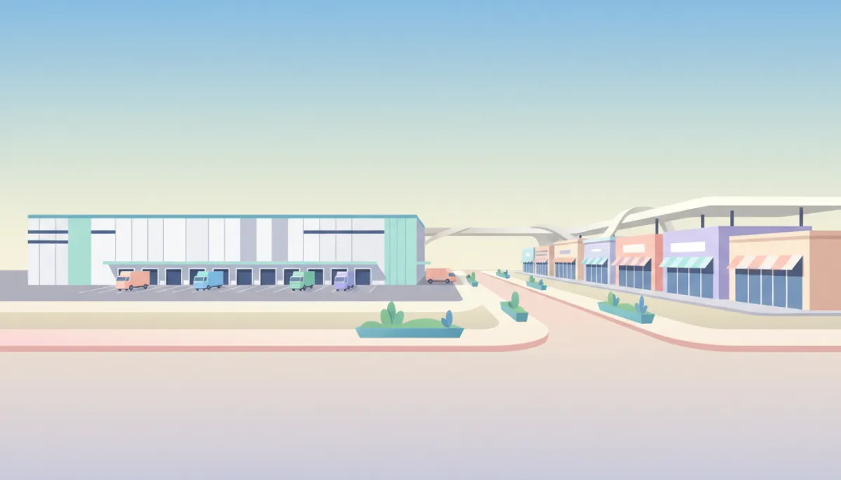 professional photorealistic view of a logistics facility adjacent to a neighborhood retail strip with landscaping, sidewalks, and neutral modern architecture tying the sites together