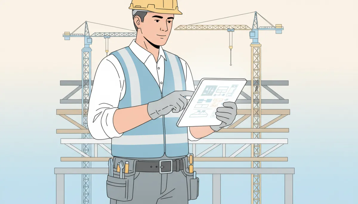 professional photorealistic close-up of a steel construction foreman in safety gear reviewing logistics hub plans on a tablet with structural steel framing and cranes behind him in neutral tones
