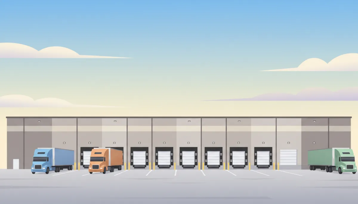 professional photorealistic wide shot of a neutral-toned pre-engineered metal warehouse with multiple loading docks, semi trucks parked, and clear Fort Worth sky overhead