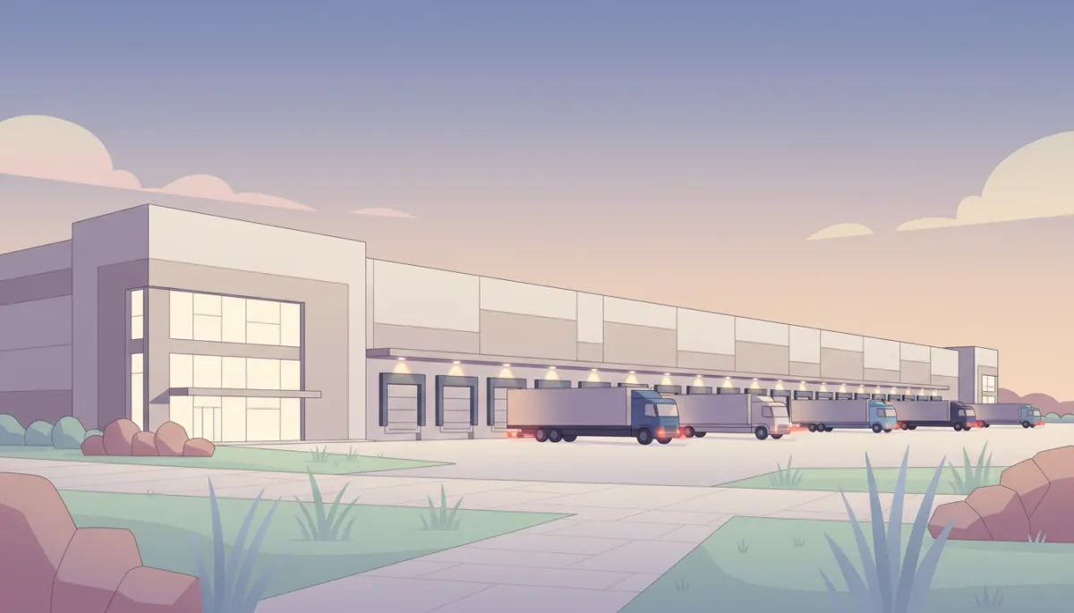 professional photorealistic exterior shot of a completed neutral-toned logistics complex at dusk with lit loading docks, trucks staged, and clean landscaping in front