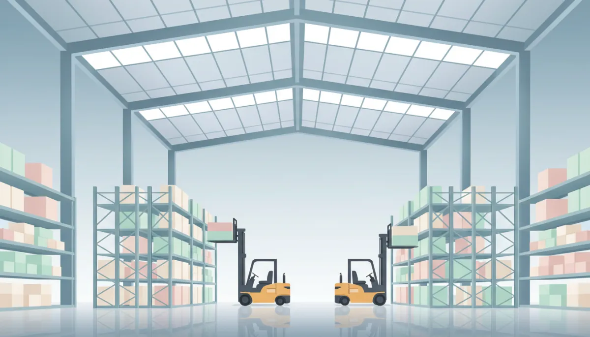 professional photorealistic interior view of a tall clear-span metal warehouse with racking, forklifts, insulated roof panels, and bright neutral lighting
