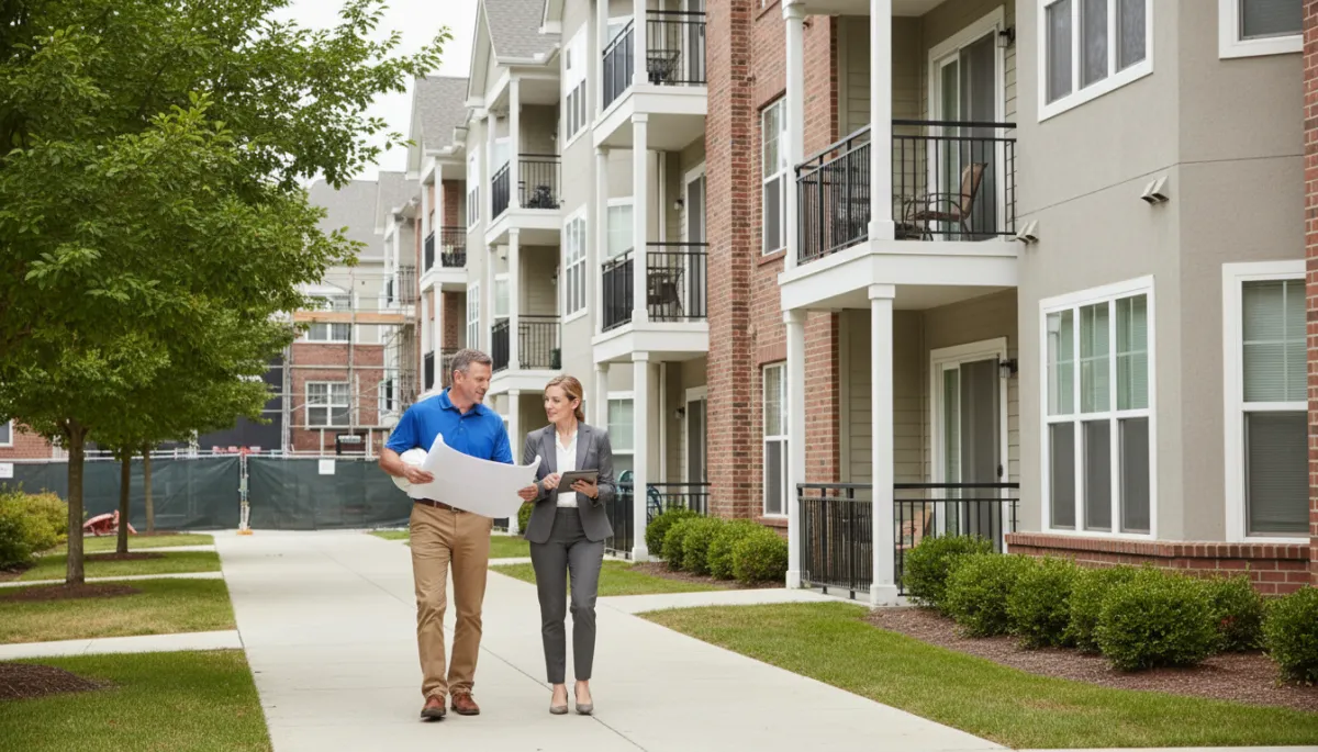 Contractor and property owner reviewing multifamily exterior for renovation opportunities