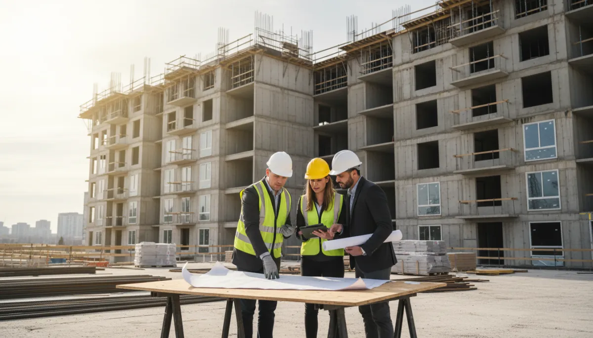 professional neutral-toned photo of a site walk on a partially completed apartment project with a superintendent, developer, and architect reviewing progress and plans