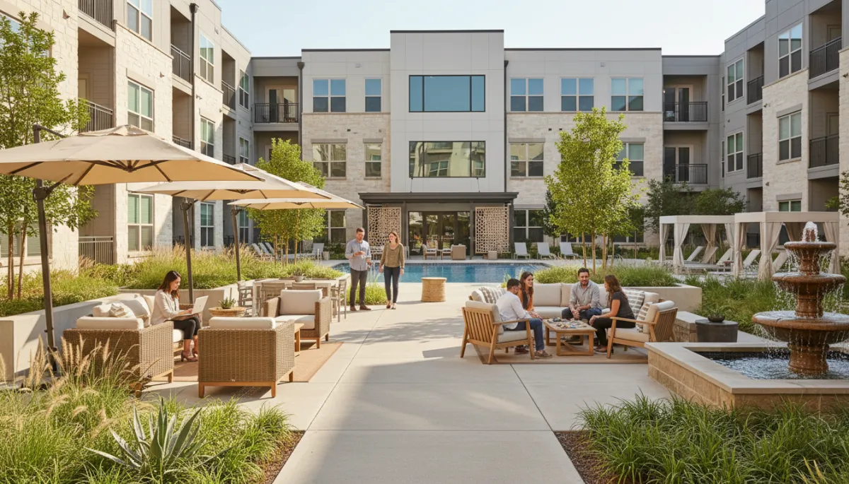 professional neutral-toned photo of a modern DFW apartment community courtyard with shaded seating, landscaping, and residents using shared amenities