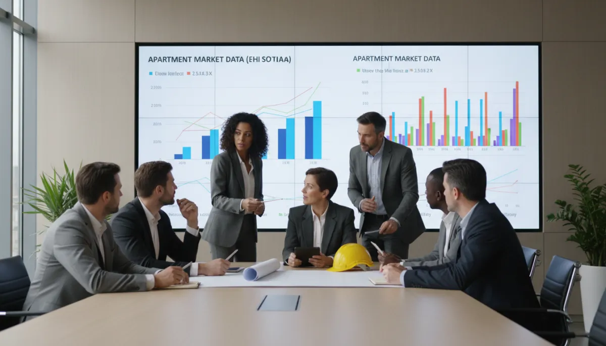 professional interior meeting scene in a neutral-toned conference room with a diverse group of real estate and construction professionals reviewing apartment market charts on a large screen