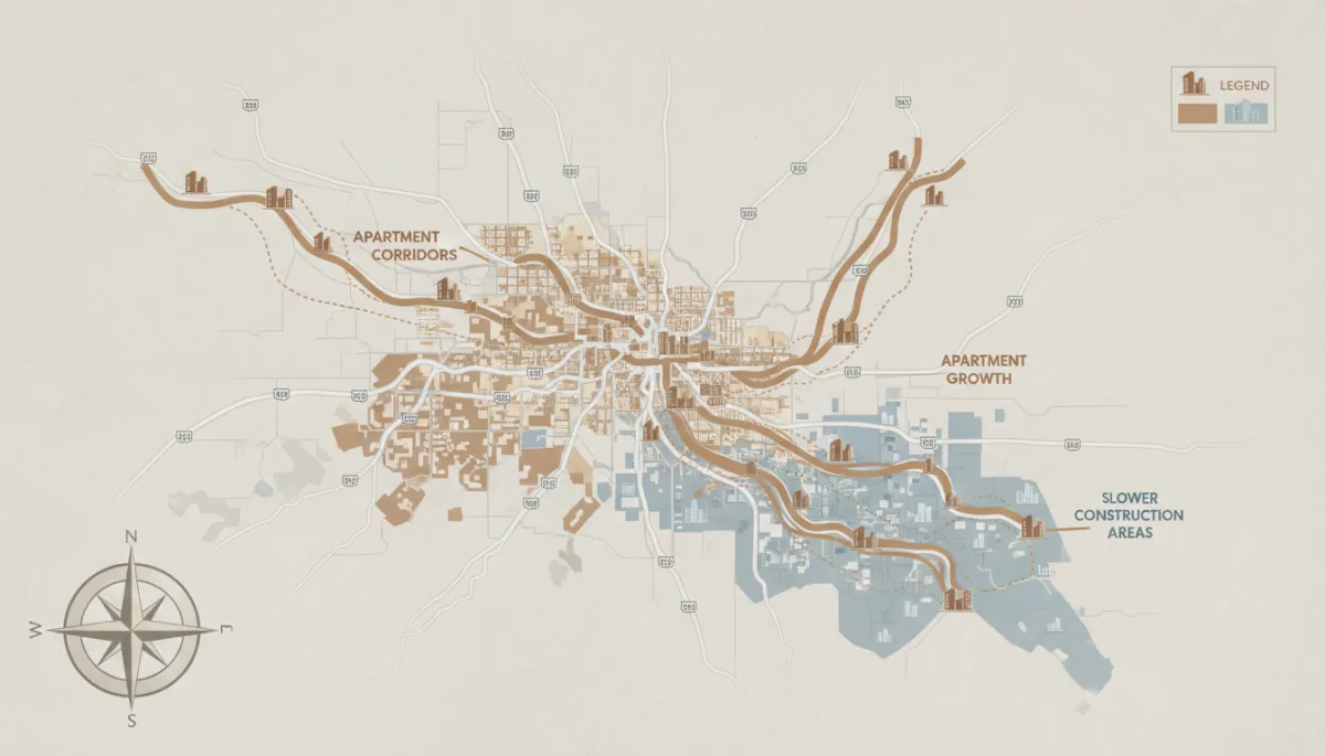Map-style visualization of Dallas Fort Worth apartment growth and slower construction corridors