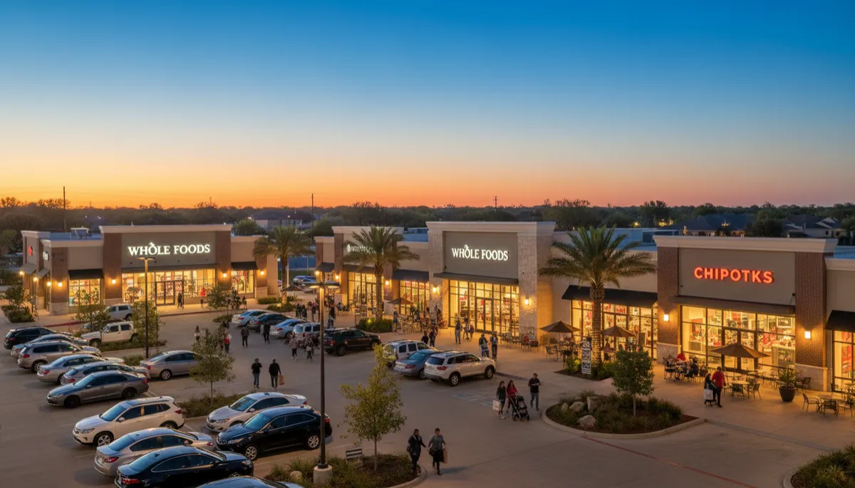 Twilight view of a thriving neighborhood retail center in suburban Texas
