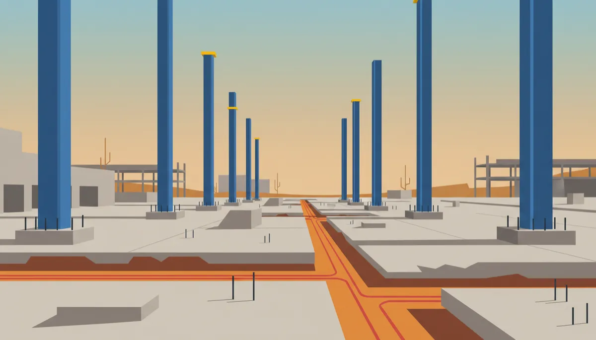 professional photorealistic ground-level view of a data center under construction in North Texas with exposed concrete foundations, steel columns, and utility trenches