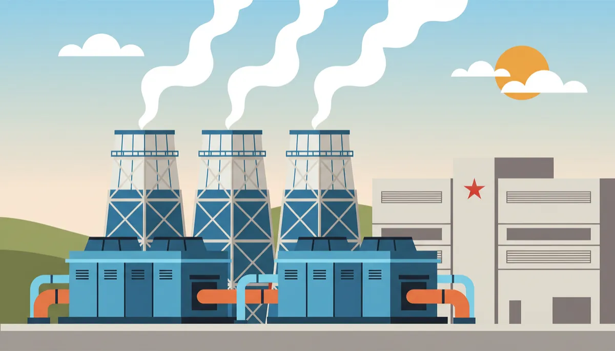 professional photorealistic close-up of industrial chillers and cooling towers beside a neutral-toned data center building in Texas