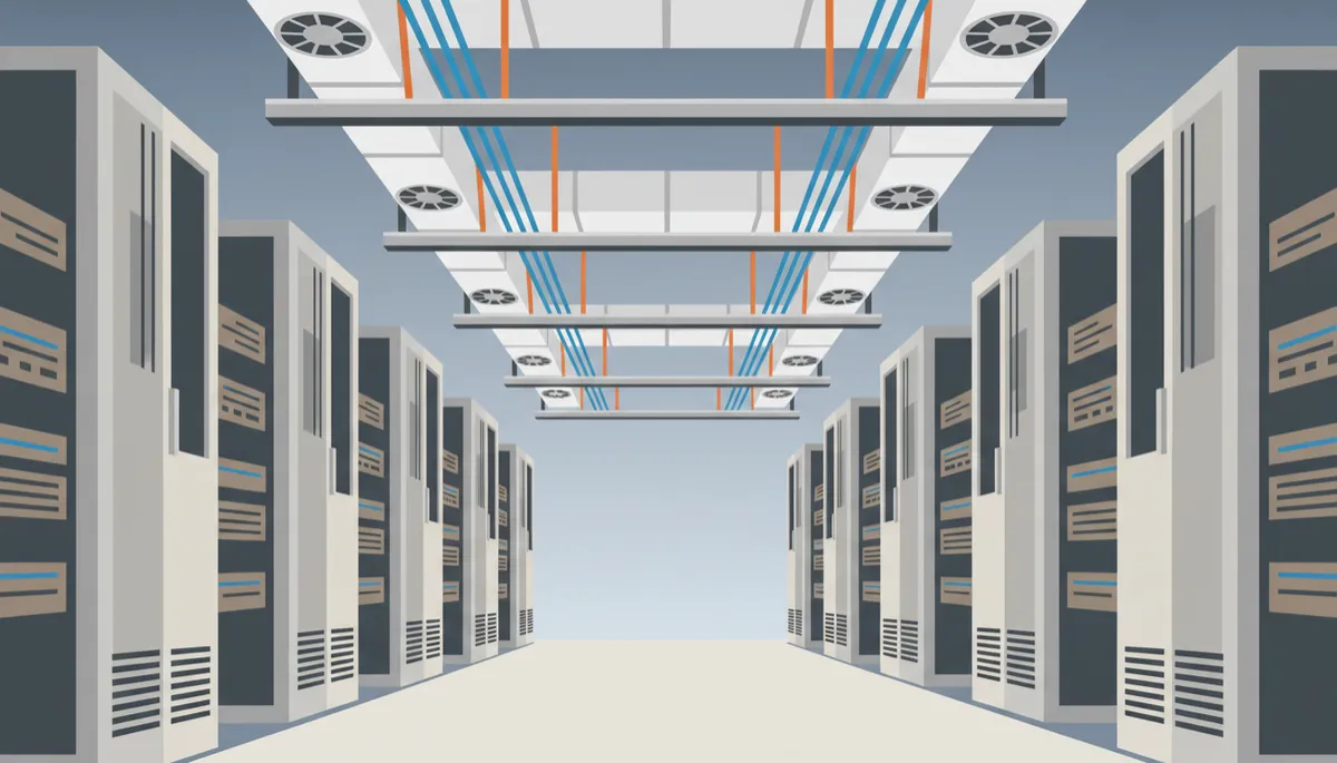professional photorealistic interior of a neutral-toned data center corridor in Dallas with rows of server racks, cable trays, and overhead cooling infrastructure