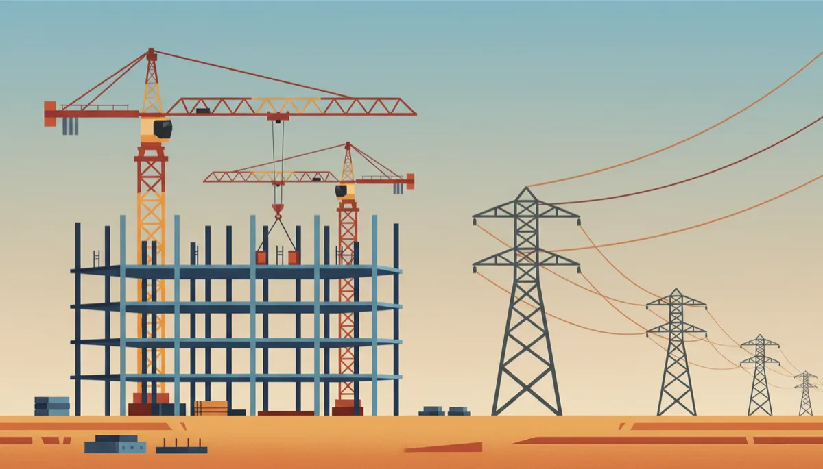 professional photorealistic view of a Texas construction site with cranes, steel framing, and nearby transmission lines under a bright neutral-toned sky