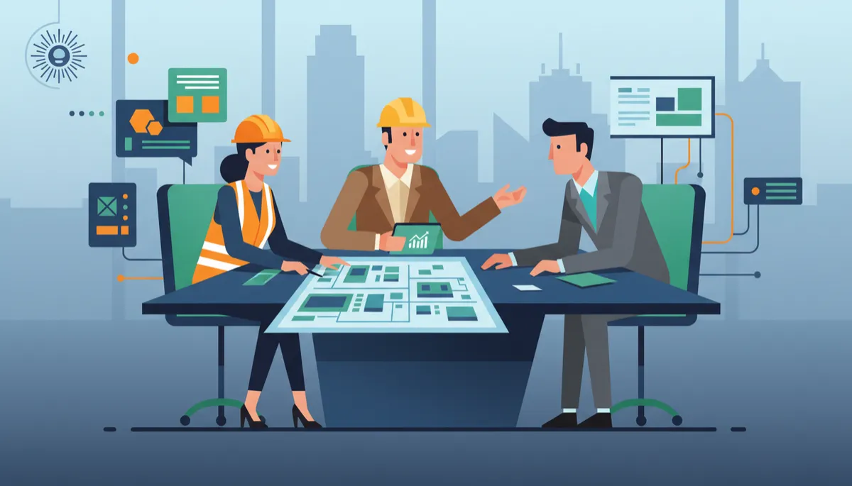 professional photorealistic meeting scene with engineers, construction managers, and a client reviewing data center site plans on a conference table in a modern Dallas office