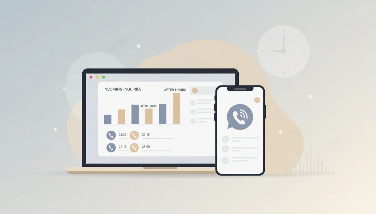 Illustration of event venue dashboard showing incoming after-hours inquiries on phone and laptop