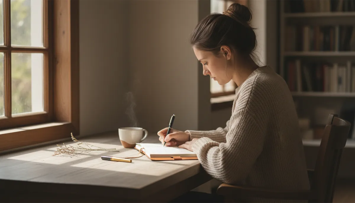 Person journaling by a window as part of healing after divorce