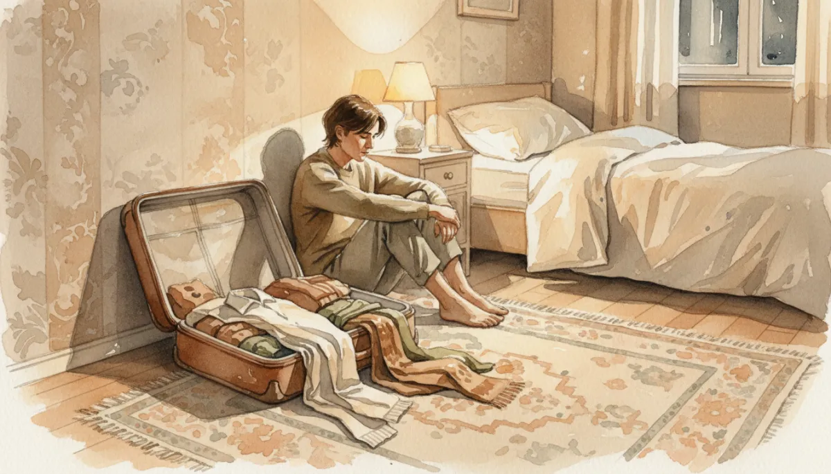 Person sitting on the floor beside an open suitcase, reflecting on emotional baggage Person sitting on the floor beside an open suitcase, reflecting on emotional baggage