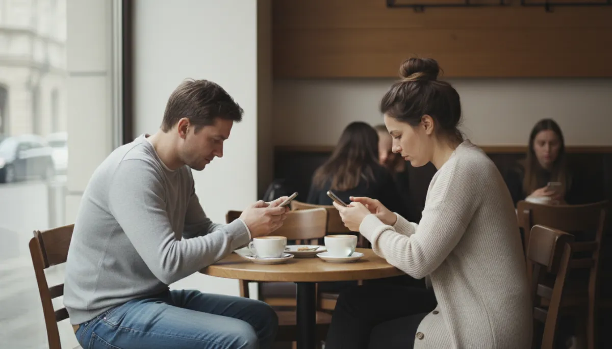 Couple sitting together at a cafe but emotionally disconnected
