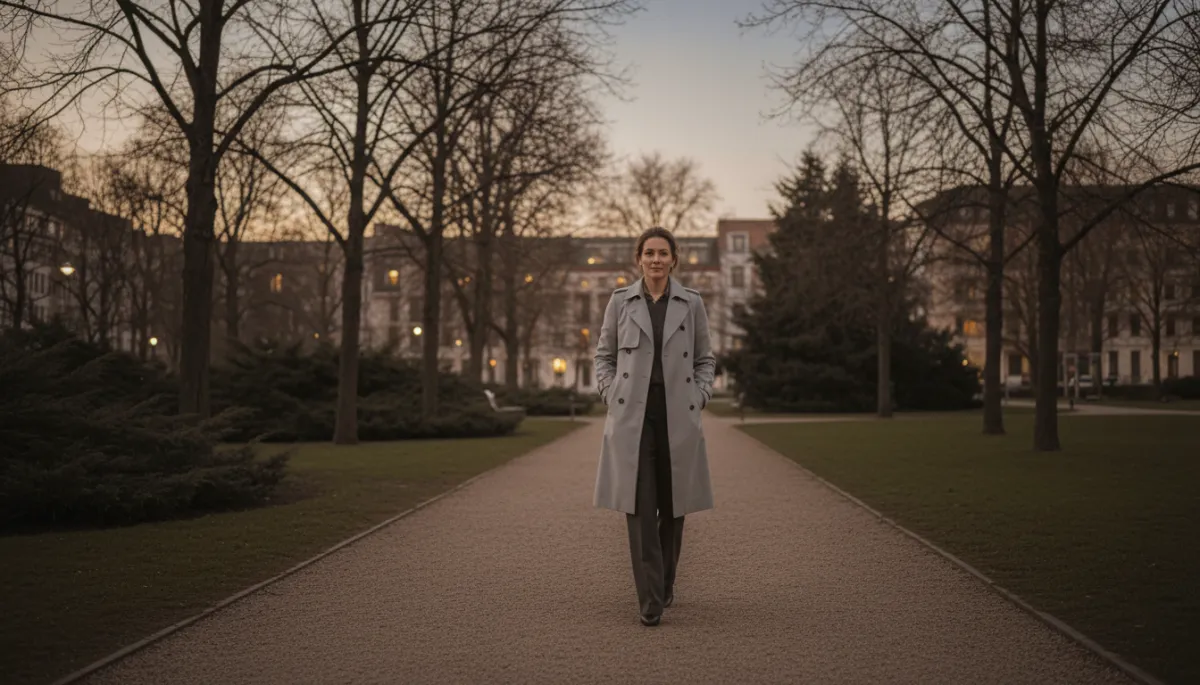 Person walking alone through a calm park at dusk, appearing peaceful Person walking alone through a calm park at dusk, appearing peaceful