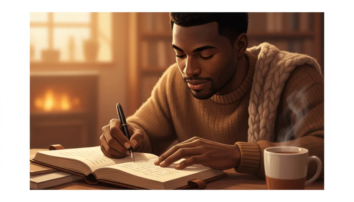 A stock photo of a real person: a close-up, warmly lit image of a Black man writing in a journal, appearing peaceful and introspective, with a cozy background. A stock photo of a real person: a close-up, warmly lit image of a Black man writing in a journal, appearing peaceful and introspective, with a cozy background.