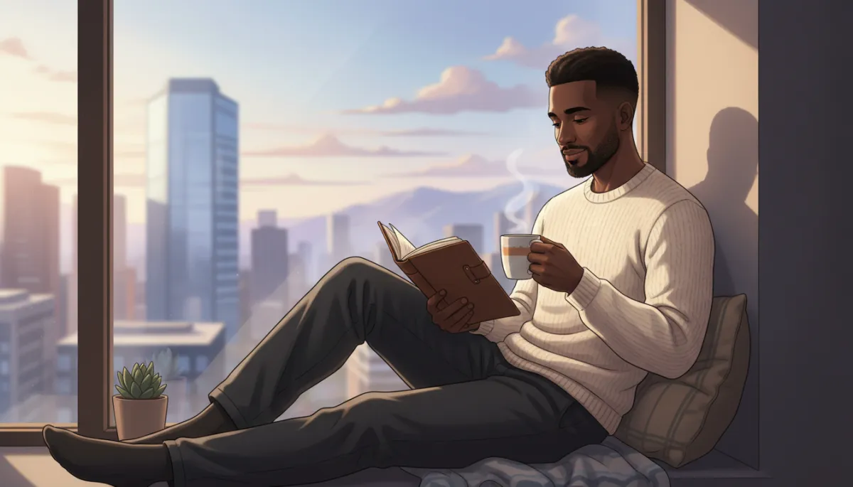 A stock photo featuring a real person: a Black man sitting by a large window with a journal and a cup of tea, in soft natural light, cityscape in the background, conveying a calm, reflective mood. A stock photo featuring a real person: a Black man sitting by a large window with a journal and a cup of tea, in soft natural light, cityscape in the background, conveying a calm, reflective mood.