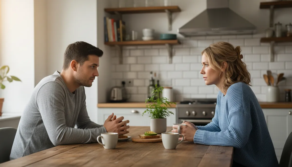 A real photograph of an actual couple having a serious but calm conversation at a kitchen table. The image should clearly show real people, not AI generated or overly staged, in a natural, authentic setting. A real photograph of an actual couple having a serious but calm conversation at a kitchen table. The image should clearly show real people, not AI generated or overly staged, in a natural, authentic setting.
