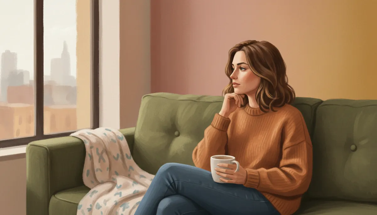 A real, candid photograph of a thoughtful person (not AI generated) sitting alone on a couch near a window, with soft natural light, subtle city skyline outside, and warm but muted colors. The person should be authentically human, not staged or overly retouched. A real, candid photograph of a thoughtful person (not AI generated) sitting alone on a couch near a window, with soft natural light, subtle city skyline outside, and warm but muted colors. The person should be authentically human, not staged or overly retouched.