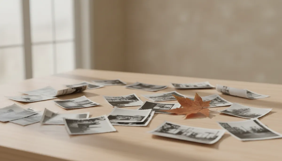 Old photographs and a dried leaf resting on a wooden table Old photographs and a dried leaf resting on a wooden table